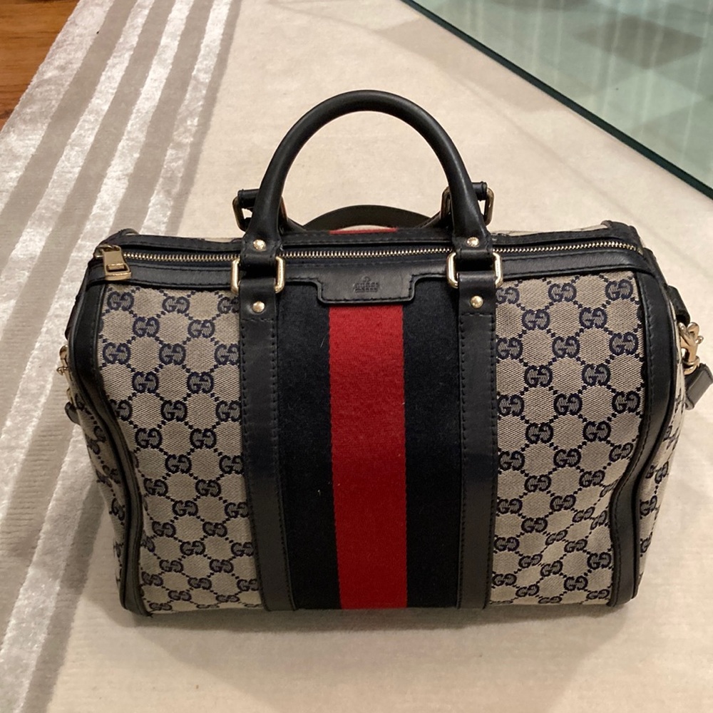 Authentic Gucci Web Boston Bag GG Canvas Medium